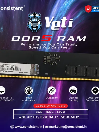 Experience the next generation of speed with our Yeti DDR5 RAM. This memory is built for extreme gaming and professional creative workloads, offering superior bandwidth and efficiency. It supports both Intel and AMD platforms and comes with a lifetime warranty for your peace of mind.