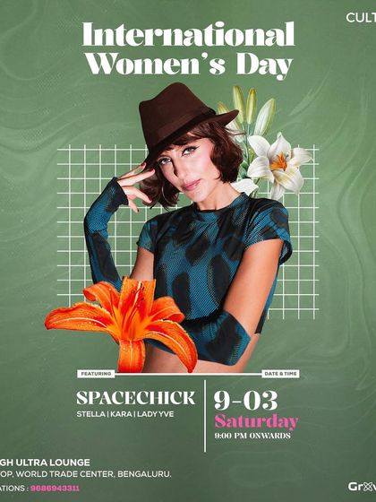 An artist poster for Spacechick for the International Women's Day event. The consistent, beautiful design reinforces the theme of the celebration.