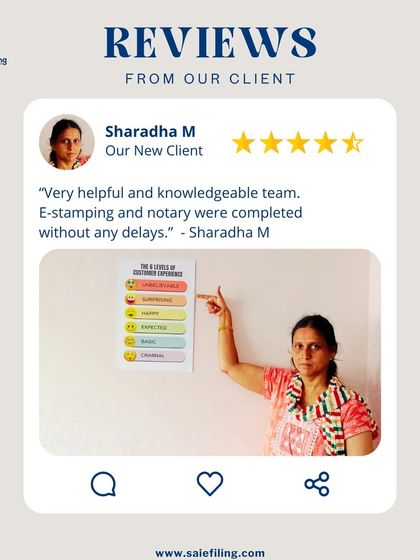 "Very helpful and knowledgeable team. E-stamping and notary were completed without any delays." Thank you, Sharadha M. Our team's expertise ensures that services like e-stamping and notary are handled efficiently and without delay.