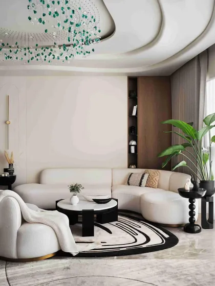 The living room is a sophisticated space with curved sofas, a custom rug, and a stunning ceiling installation that mimics a constellation of leaves.