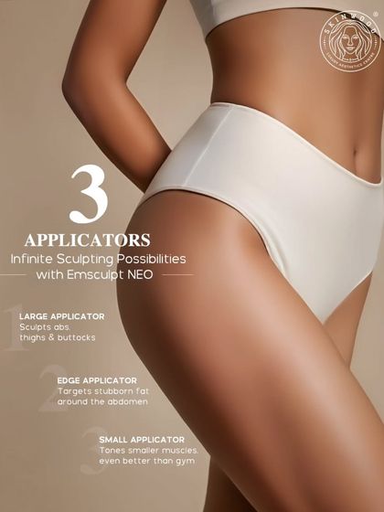 Precision is key to perfect contours. Emsculpt NEO uses three distinct applicators to tailor the treatment. The large applicator sculpts abs and buttocks, the edge applicator targets stubborn fat around the abdomen, and the small applicator tones smaller muscles with unmatched efficiency.