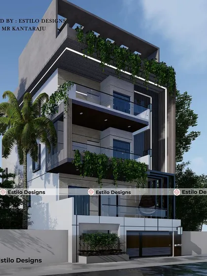My work extends beyond interiors to complete architectural design. This 3D elevation for a residence in Bangalore shows how I integrate modern design principles with natural elements like vertical gardens to create a striking and sustainable building facade.
