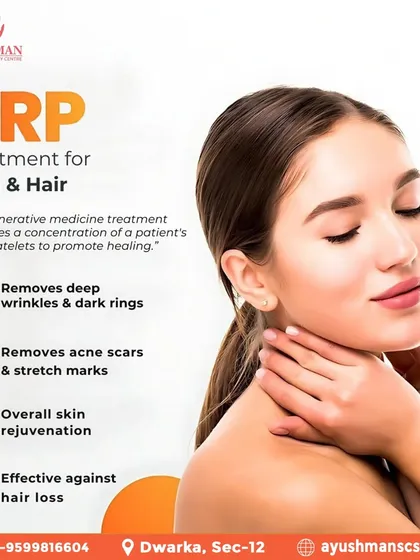 This graphic explains the benefits of our PRP treatments for both skin and hair. Using your body's own regenerative properties, we can address deep wrinkles, acne scars, and even hair loss for overall rejuvenation.