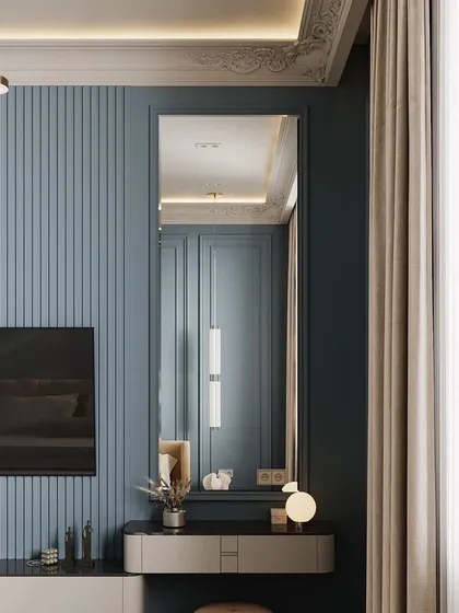A 3D render of a bedroom with a blue fluted accent wall and a built-in dressing table. The design is modern, colorful, and highly functional.