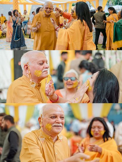 A collage capturing the heartwarming moments of family members participating in the Haldi rituals, full of smiles and blessings.