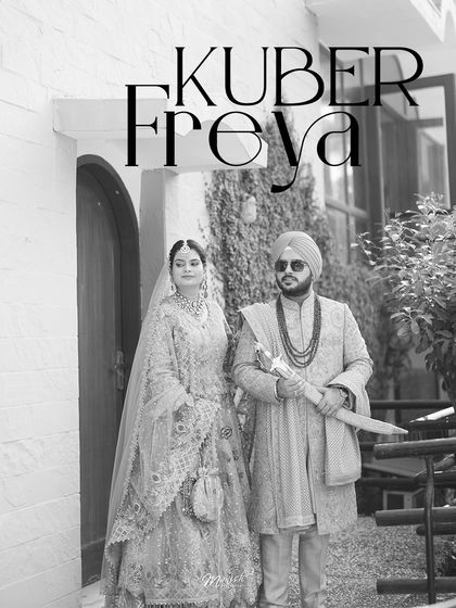 A timeless black and white portrait of the Sikh couple, styled with their names to create a personalized and classic wedding photograph.