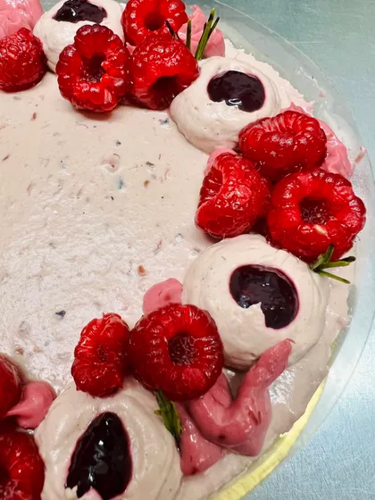 This is my Vegas Special Raspberry Heaven Cake, a creation inspired by my time at the pastry academy. The textures and layers of raspberry and cream are simply irresistible.