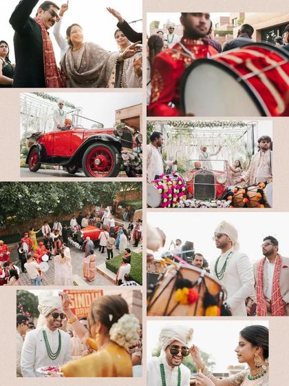A collage of the Baraat and wedding rituals, capturing the energy and tradition of the day.