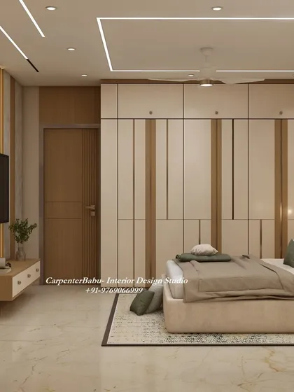 This bedroom features a wardrobe with a unique vertical striped pattern, adding a graphic element to the room. The design is modern, clean, and stylish.