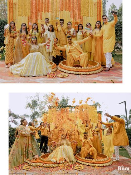 The peak of Haldi fun. This collage shows the couple seated amidst a beautiful marigold decor before and after being showered with flowers and turmeric by their loved ones. It’s a moment of pure, unadulterated joy.
