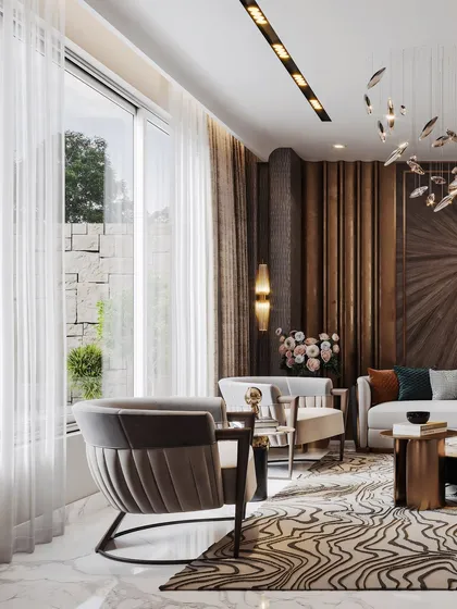 This render focuses on the natural light from the large window, demonstrating how the interior design feels connected to the outdoors. The textures of the rug and seating are rendered with high fidelity.