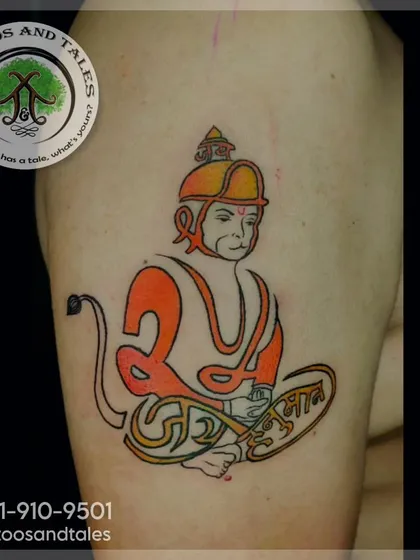 A stylized Hanuman tattoo created from the "Shree Ram" Devanagari script. This is a great example of how we can incorporate text and imagery into a single, meaningful design based on a client's idea.