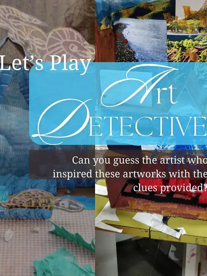 The title card for our "Art Detective" game, challenging viewers to guess the artist who inspired the students' shadow box creations.