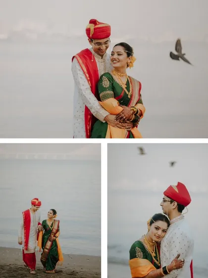 This collage from a Dadar beach shoot captures multiple angles of the couple's interaction. From walking along the shore to sharing a quiet moment, it shows the variety of shots we can achieve in one location, with the sea and birds adding to the scene.