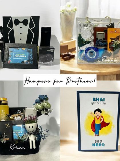 Here is a collage showcasing the variety of hampers I create for brothers, featuring options like the 'Superhero' themed box, a formal tuxedo-style box, and personalized baskets.