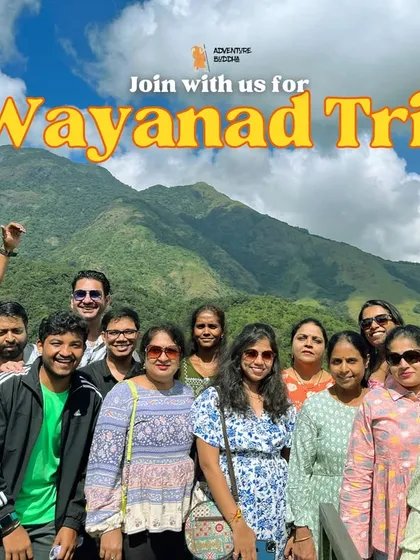 A graphic inviting travelers to join our Wayanad trip, featuring a happy group photo against a mountain backdrop.
