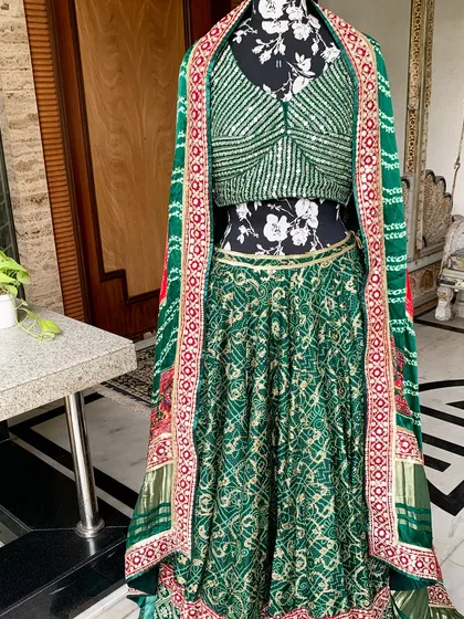 The full view of the lehenga, showing the beautiful flare and the contrasting border.