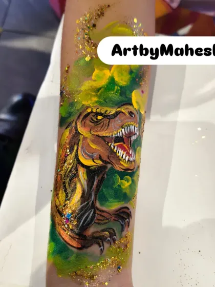 This isn't just for kids. I also create detailed and realistic body art, like this fierce T-Rex temporary tattoo, perfect for themed events or anyone wanting to make a bold statement.