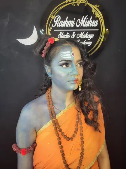 A full-face view of the creative Mahashivratri makeup, balancing the fierce and gentle aspects of the deity.
