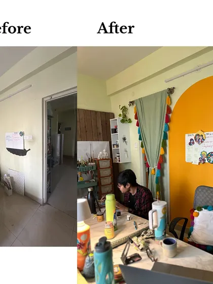 Another before and after from our studio makeover. A dull corridor is now a bright and cheerful workspace with a pop of orange.