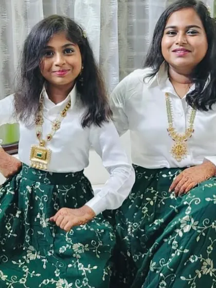 Nothing makes me happier than creating matching outfits for loved ones. This sweet sister duo is wearing custom-made skirt and shirt sets, showing how we can tailor any style just for you.