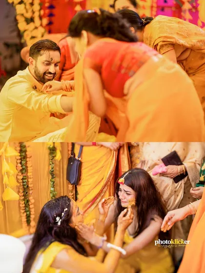Candid shots of the haldi ceremony, showing the intimate and playful interactions between the couple and their family members.