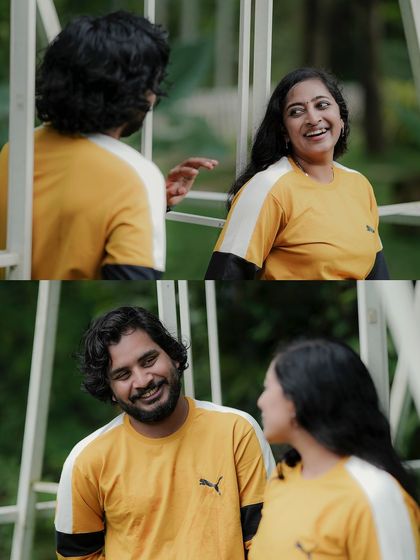 A diptych of the couple sharing a conversation and a laugh, capturing their natural and easy interaction.