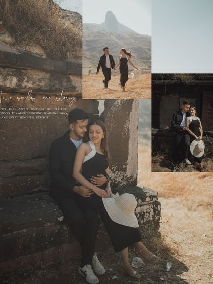 A collage telling the story of "two souls, one story" in a rustic, hilly setting. It combines intimate portraits with wider shots of the couple exploring the landscape.