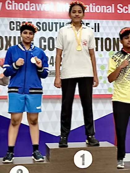 Vedika Satre on the podium after winning her medal at the CBSE South Zone II Boxing Championships.