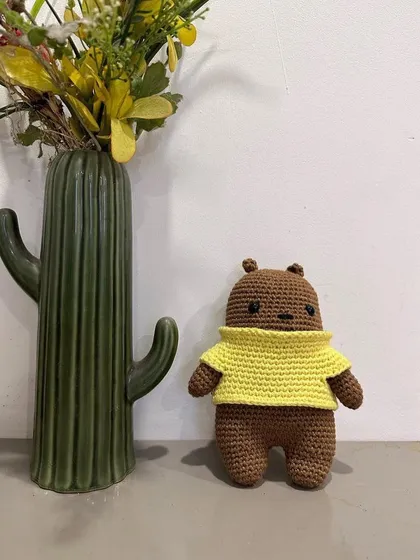 Here’s a custom character plushie of Brown Bear from We Bare Bears. Bringing your favorite characters to life with yarn is one of my favorite things to do.