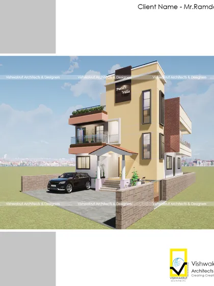 Another perspective of the 'Patil's Villa' architectural render in Vindhane, Uran. This view highlights the compound wall and entrance, showing how we plan the entire plot for a complete and cohesive look.