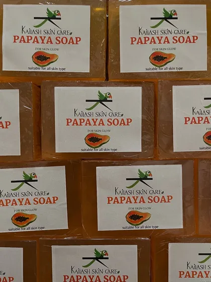 A close-up of my Papaya soaps, all labeled and ready for dispatch. These bars are made to give your skin a natural glow and are suitable for all skin types.