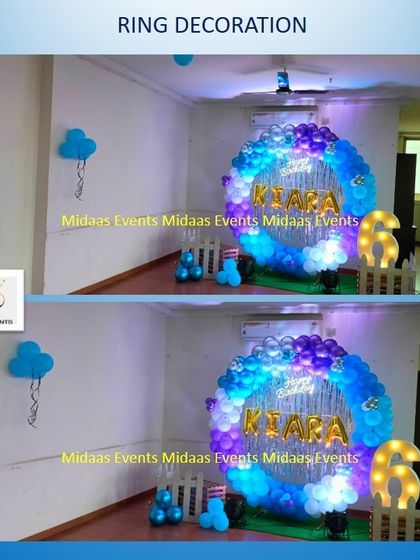 A ring decoration for Kiara's 6th birthday. The blue, purple, and silver balloons create a cool, icy theme, complemented by the marquee number '6'.