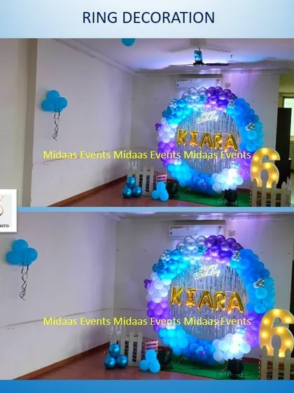 A ring decoration for Kiara's 6th birthday. The blue, purple, and silver balloons create a cool, icy theme, complemented by the marquee number '6'.
