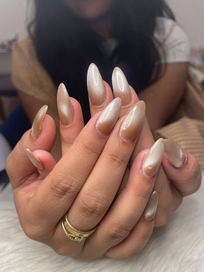 A beautiful example of a neutral cat eye effect on long, almond-shaped extensions. The magnetic polish creates a diagonal shimmer line that gives the nails depth and movement.