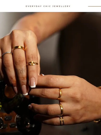 Everyday chic jewellery from our Noya women's collection. This image displays a curated stack of delicate gold rings, perfect for expressing your unique style.