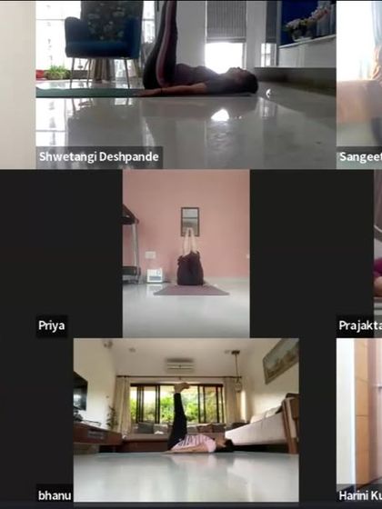 Students practicing Urdhva Prasarita Padasana (Upward Extended Feet Pose) during our 7 AM online yoga session. This asana is excellent for strengthening the core and improving circulation, and we ensure proper form even in a virtual setting.