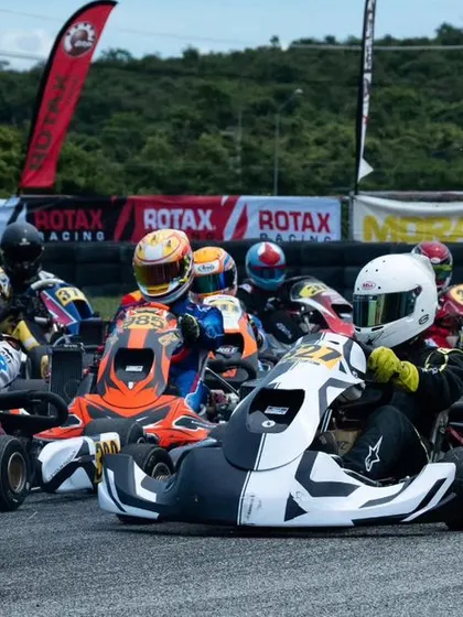 The start of a race at the RMC Asia Trophy in Thailand, with our driver in the black and white kart ready for the challenge.