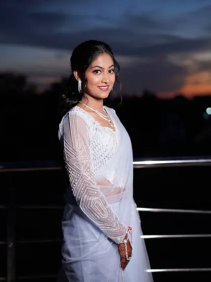 A final portrait of the sangeet bride. Her makeup is flawless, her hair is perfect, and she looks ready to celebrate.
