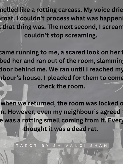 A mother's story of playing hide and seek with her daughter and encountering a large, inhuman shadow in a locked room.