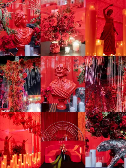 A collage of the 'Red Room' Sangeet decor. The theme was executed with red busts, dramatic floral arrangements, and an abundance of candles, creating a cohesive and powerfully romantic ambiance.
