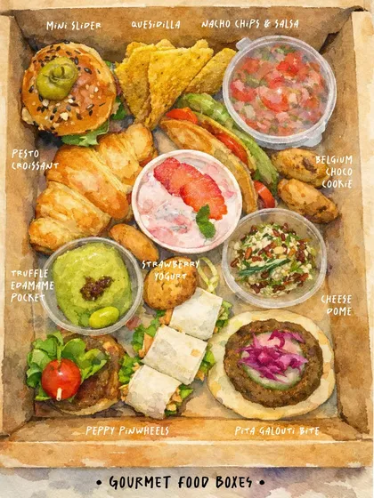 I love my food so much that I had it painted. This beautiful illustration showcases all the delicious components you can find in my gourmet food boxes, from the mini slider and pesto croissant to the peppy pinwheels and Belgium choco cookie. It captures the variety and care I put into every box.
