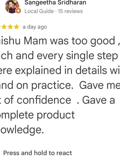 A review from a student who gained a lot of confidence and product knowledge from my hands-on practice session.