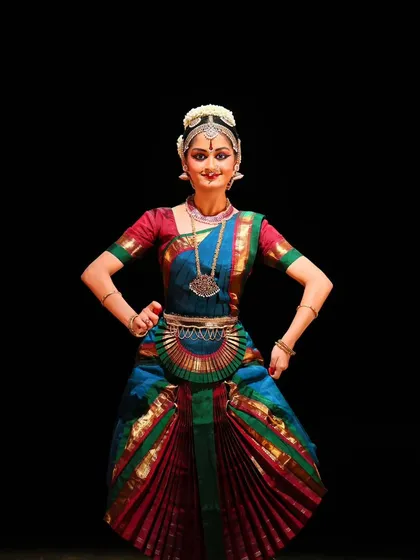A portrait of my student, Srujana, during her Rangaabhivandane. Guiding a dancer to this milestone is a profound journey, where I focus on crafting a repertoire that celebrates their unique artistry and passion.