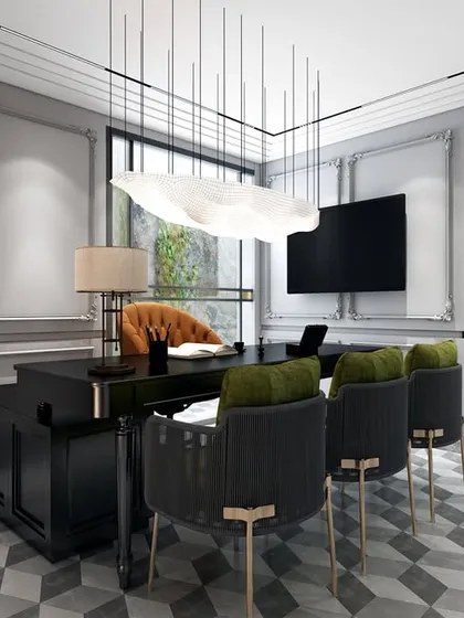 This angle highlights the classic details, such as the ornate door and wall moldings, which are integrated with modern amenities like a wall-mounted screen.