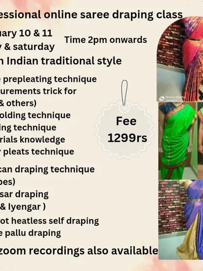 A flyer for my professional masterclass, which covers advanced styles like Can-can draping and Madisar draping.