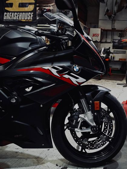 The BMW S1000RR, a German precision knife, in our workshop for service.