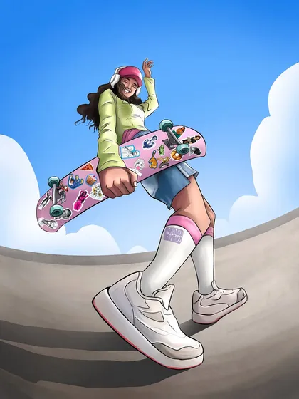 Another version of my skater girl OC. For this one, I designed a different skateboard with a sticker-bombed deck, showing how I can customize details to fit a character's personality.