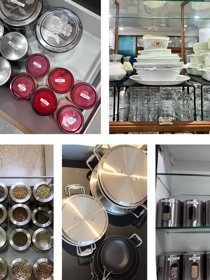 This mood board features a classic steel and metal theme. Using durable steel containers and metal stands provides absolute sturdiness and a timeless look for any kitchen.