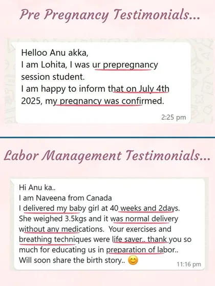 Testimonials from students who conceived after our pre-pregnancy session and others who had a normal delivery without medication thanks to our labor management class.